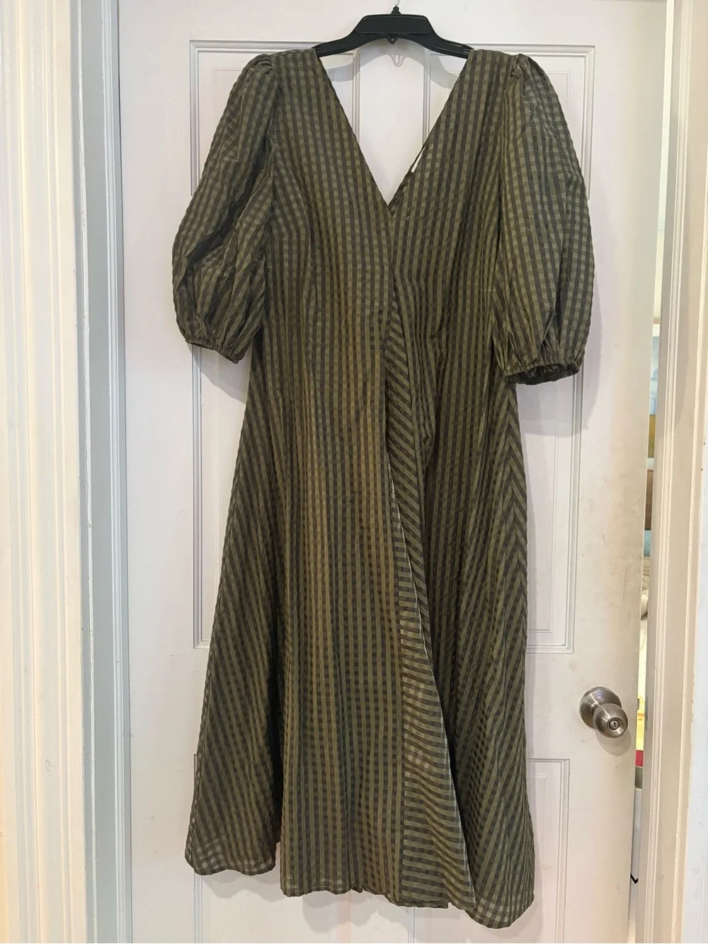 Ganni Olive Green Striped Wrap Midi Dress - Picture 3 of 5